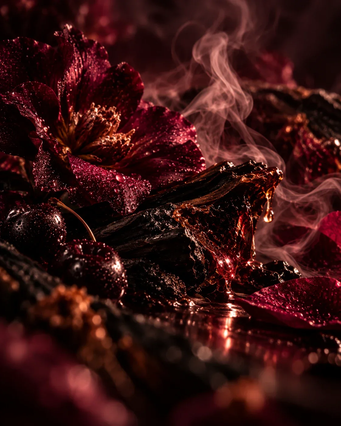 AFTER: dark flowers, smoke and charred wood